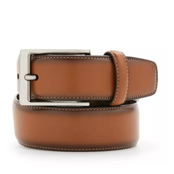 PERRY ELLIS 32 Brown Belt Leather Full Grain Cowhide Silver - Picture 1 of 6